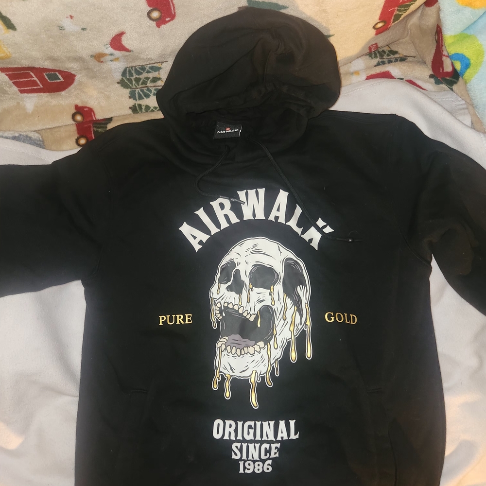 Airwalk Black Hoodie with Skull and Gold Accents